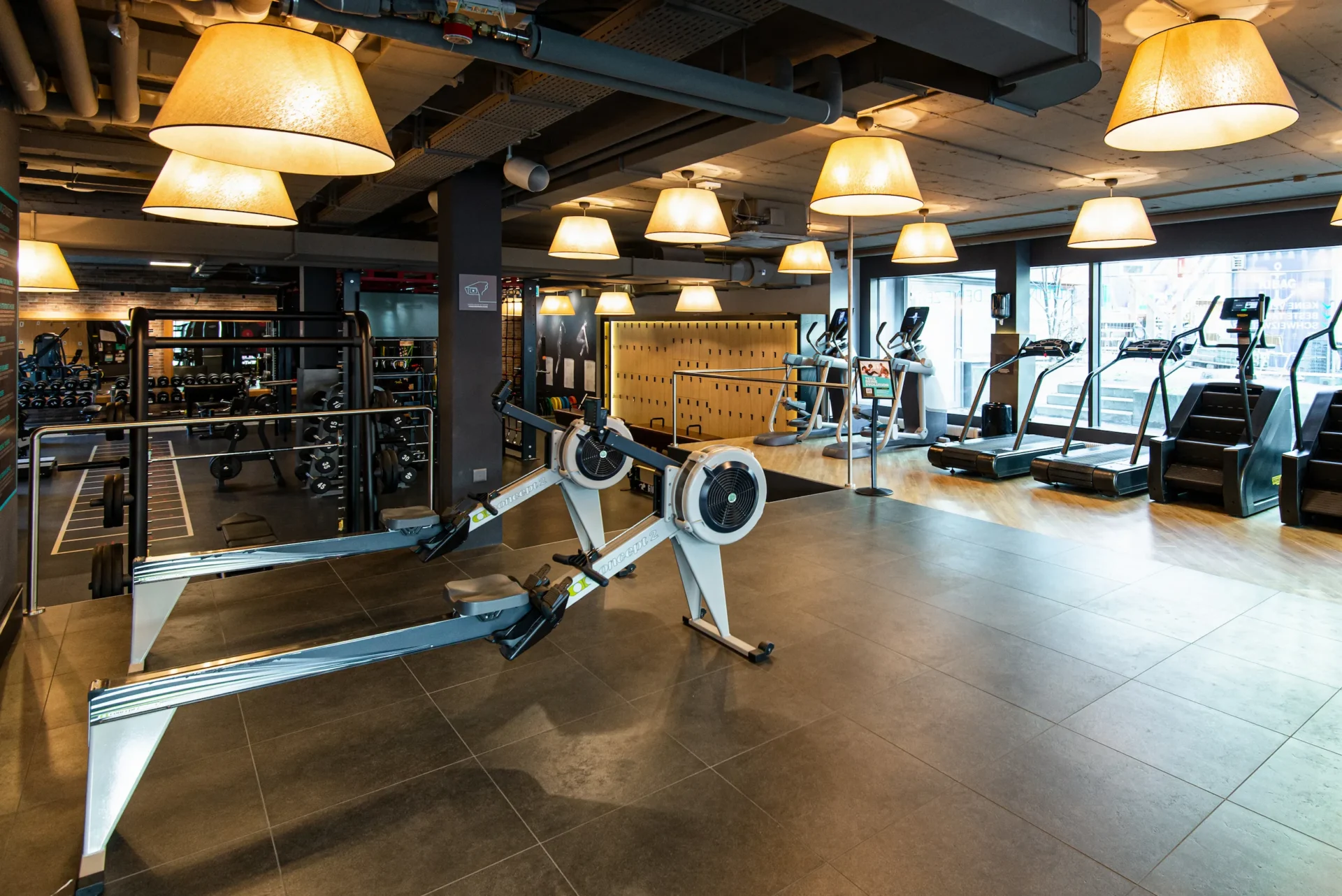 evo fitness bern cardio area rowers treadmills window view
