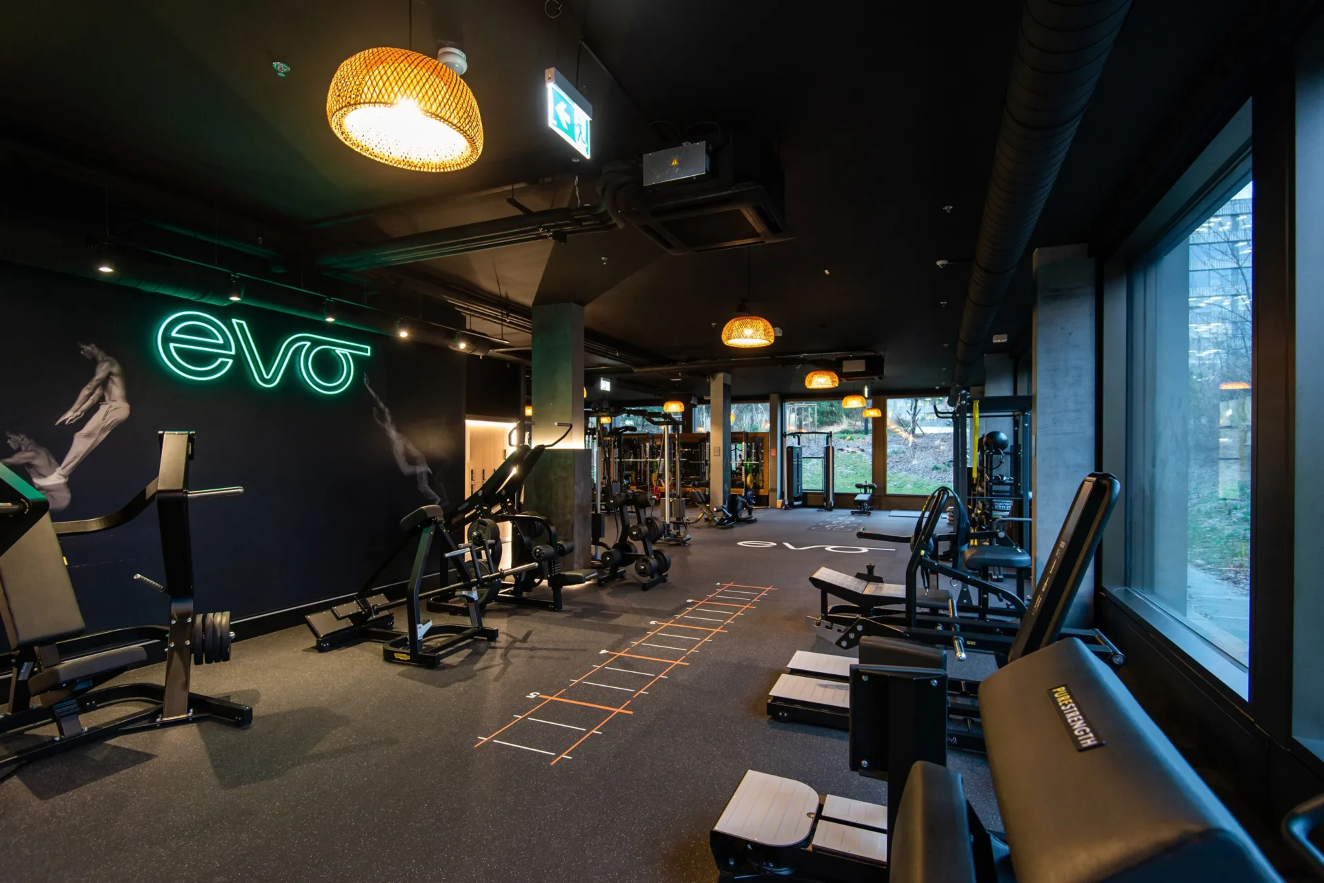 evo fitness geneva green village strength area logo window front